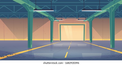 Empty warehouse interior with rolling shatter gates, concrete flooring, illuminating lamps on ceiling. Delivery service industrial storehouse, rental storage facility, Cartoon vector illustration