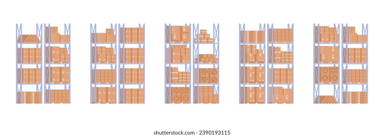 Empty warehouse panoramic background for goods storage. Warehouse interior with cardboard boxes on metal shelves. Inside stock room with cargo cardboard and shutter doors. Flat vector illustration