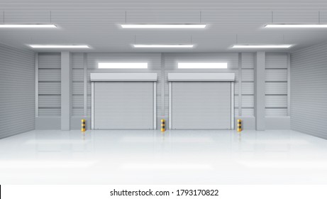 Empty warehouse with rolling doors, storehouse interior with shutter gates, illuminating lamps on ceiling. Delivery service, industrial room rental storage facility, Realistic 3d vector illustration