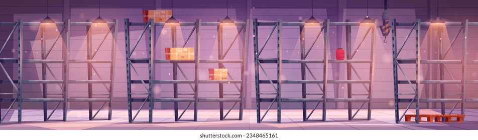 Empty warehouse storage interior with pallet and box rack illustrated vector. Logistic and goods delivery stockroom with shelves for carton parcel inside. Building hangar office cartoon illustration