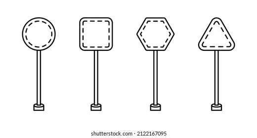 Empty warning sign templates set. Triangle, square or rhombus, round and rectangle shapes. Black and white color isolated on white.