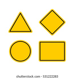 Empty warning sign templates set. Triangle, square or rhombus, round and rectangle shapes. Yellow orange color with black frame.