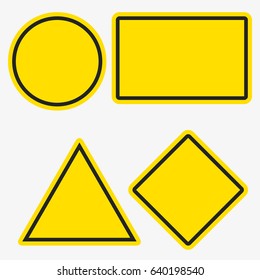 Empty warning sign templates set. Triangle, square or rhombus, round and rectangle shapes. Yellow orange color with black frame