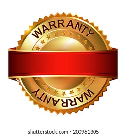 Empty warranty golden label with ribbon.  Vector illustration.