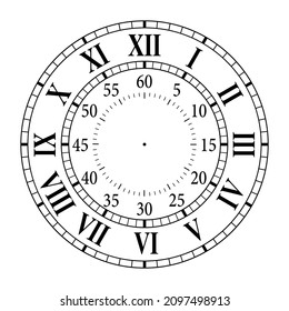 An empty watch face with Arabic and Roman numerals, with hour, minute and second marks