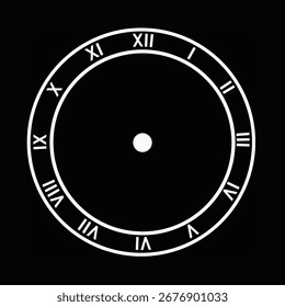 Cara de reloj vacía con números romanos. Ilustración vectorial de una esfera de reloj clásico con números romanos, aislado en el fondo blanco. Plantilla minimalista de la cara del reloj sin manos