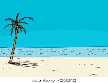 Empty waterfront scene with coconut palm tree