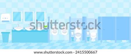 Empty wc restroom interior for male and female.Clean public toilet.Lavatory.Cubicles and urinals.Washbasin with mirror.Sanitary room.Tilled wall.Flat design.Graphic.Cartoon vector illustration.