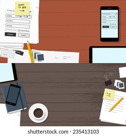 Empty website banners - top view of web design tools on red table & universal brown office desk - flat design illustration