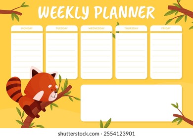 Empty Weekly Planner with Cute Red Panda Character Vector Template