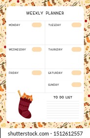 Empty weekly planner page vector template. Autumn themed timetable, blank personal organizer with decorative frame. Cute cat hiding in woolen sock cartoon characters flat illustration with text space