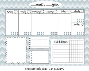 Empty weekly planner with water level tracker, space for notes, To do list and habit tracker, gray chevron background. Schedule and organizer template. Vector illustration