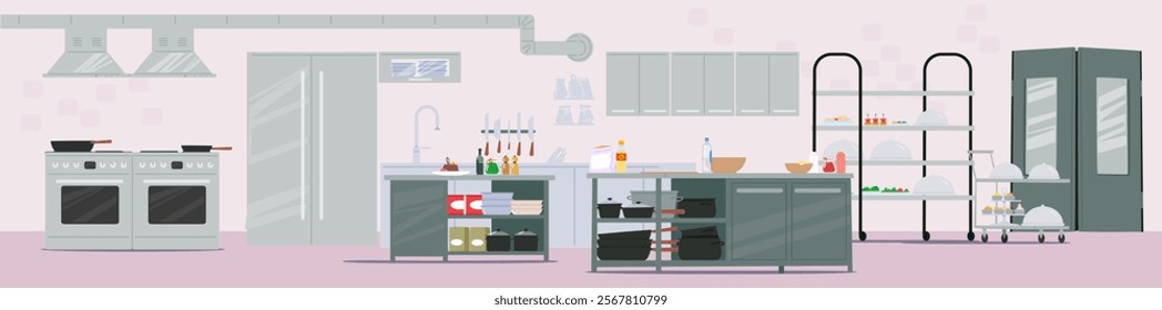 Empty well-equipped commercial restaurant kitchen design interior with oven, counter, refrigerator, cookware and cooked desserts, served dishes cartoon scene. Catering workspace vector illustration