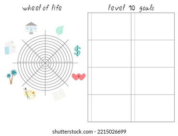 Empty Wheel of Life - diagram with blank lines to fill. A4 print ready Coaching tool for bullet journal page, daily planner template, blank for notebook, blank with empty space.