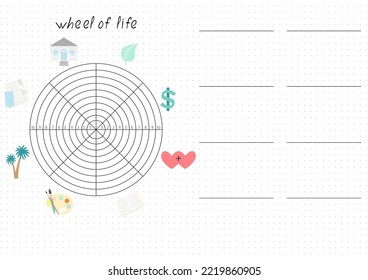 Empty Wheel of Life - diagram with blank lines to fill. A4 print ready Coaching tool for bullet journal page, daily planner template, blank for notebook, blank with empty space.