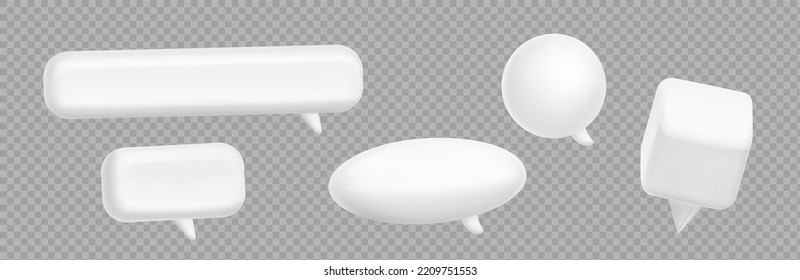 Bichos de voz 3d blancos vacíos para diferentes formas de texto, mensaje de chat, diálogo, comentarios, citas. Cuadros de charla en blanco aislados en fondo transparente, ilustración vectorial