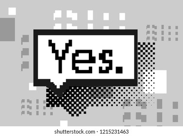 Empty white 8 bit single speech bubble and trendy pixel elements, shapes. Short phrase Hey. Black White Blue Pink colors