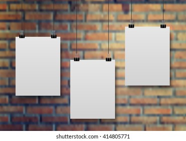 Empty white A4 sized paper hanging on the white brick wall, vector 