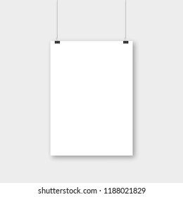 Empty white A4 sized vector paper mockup hanging with paper clips. Realistic vertical poster mock-up isolated on gray background. Show your flyers, brochures, headlines etc. EPS10.