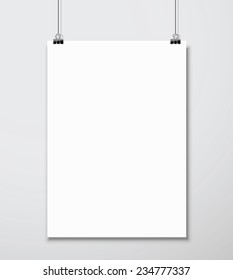 Empty white A4 sized vector paper mockup hanging with paper clips. Show your flyers, brochures, headlines etc with this highly detailed realistic design template element.