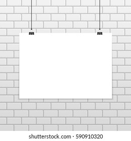 Empty white A4 sized vector paper mockup hanging with paper clips. Realistic horizontal poster mock-up isolated on white brick wall. Show your flyers, brochures, headlines etc. EPS10.