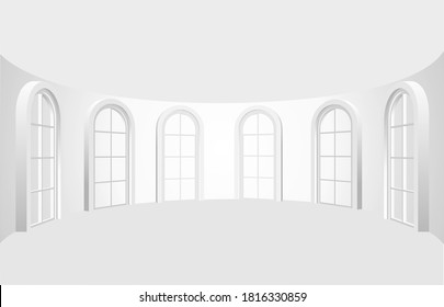 Interior de arco blanco vacío, habitación de arco blanco con ventanas de arco, burlarse del fondo de la ilustración 3d.
