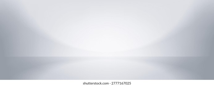 Empty white background with limbo light on floor. Grey gradient texture in abstract studio room for minimal indoor pedestal display near wall. Silver kitchen bacground for example commercial photo.