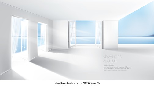 Empty white balcony with ocean view on warm sunny day, High quality  vector illustration,