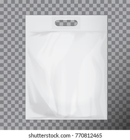 Empty white blank plastic bag mock up isolated. Consumer pack ready for logo design or identity presentation. Commercial product food packet handle for your design