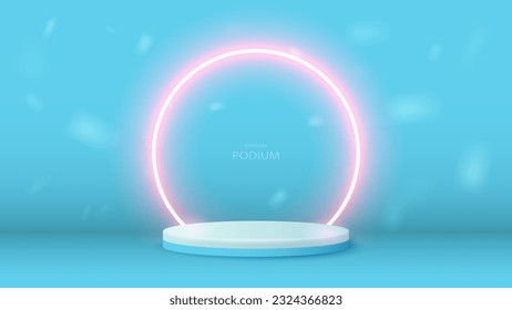 An empty white and blue 3d podium with a pink neon bright frame. A platform with a glowing arch in the room.