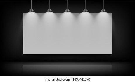 Empty white board mockup on black wall with light bulb on the top, vector illustration