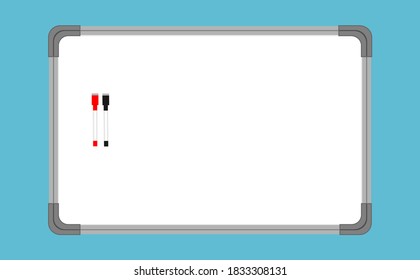 Empty white board with two markers available to write on it. Magnetic white board for office, school classes or capture ideas.