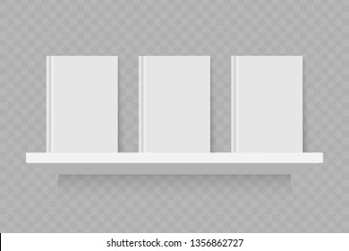 Empty white book on shelf. Realistic vector bookshelf