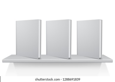 Empty white books template on the bookshelf, vector illustration on plain background