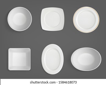 Empty white bowls top view. Realistic vector mockup of square, round and oval shape plates and dish with golden border. Set of porcelain crockery isolated on gray background