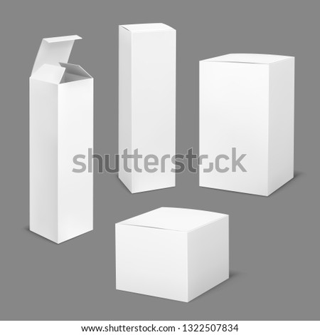 Empty white box. Cardboard cosmetic boxes rectangular blank package with shadows medicine product vertical packaging vector mockup