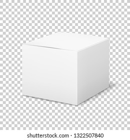 Empty white box. Cardboard cubic cosmetic box blank package with shadows medicine product packaging vector isolated template