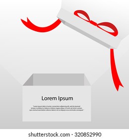 Empty white box opening with shiny light from inside, white background.