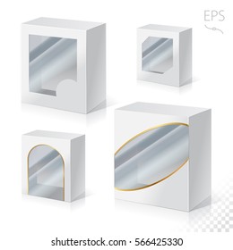 Empty White box with a transparent plastic window for new design. Product Packing Vector.