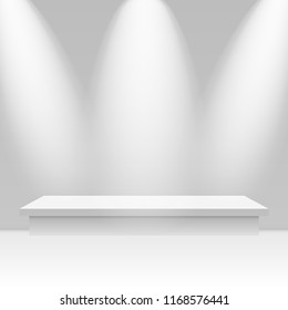 Empty white bright stage with spot lights, shelf Vector illustration.