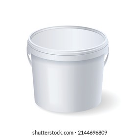 Empty white bucket with cap side view mockup for ice cream, yoghurt, mayo, paint or putty. Plastic package design template. 3d vector illustration