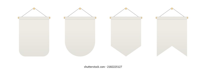 Empty white bunting pennants of various shapes. Hanging realistic pennants and flags with rope. Bunting flags mock up. Blank realistic templates. Vector illustration isolated on white background.