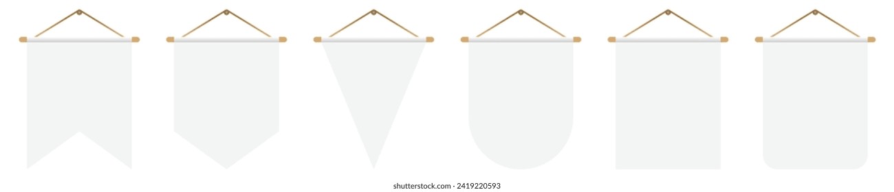 Empty white bunting pennants of various shapes. Bunting flags mockup Realistic hanging pennant or flag with rope. Vector illustration isolated on transparent background.
