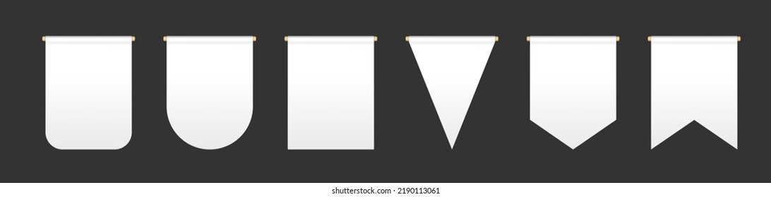 Empty white bunting rounded and straight pennants. Realistic pennants and flag with wooden pole. Bunting flags mock up. Blank realistic templates. Vector illustration isolated on black background.