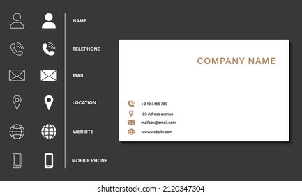 Empty White Business Card Template on Black Background. Contact Information Icons Set. Address, Mobile Phone, Location, Name, Mail, Website Icons Set. Blank White Business Card. Vector Illustration.