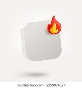 Empty white button with flame symbol. 3d vector icon isolated on white background