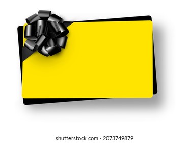 Empty white card, coupon, cartificate template with black bow. Yellow background. Space for text. Vector illustration.