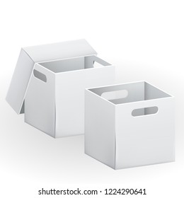 Empty white cardboard box packaging container. Tare for transportation, storage and keeping. Vector illustration of isolated on white background 3d realistic set of hard paper box.