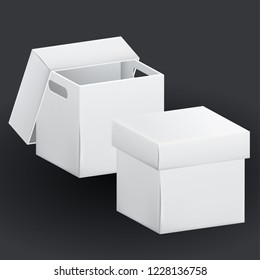 Empty white cardboard box packaging container. Tare for transportation, storage and keeping. Vector illustration of isolated on black background 3d realistic set of hard paper box.