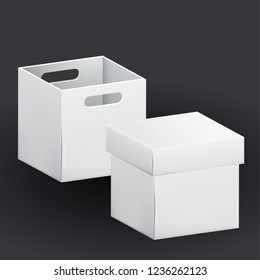 Empty white cardboard box packaging container. Tare for transportation, storage and keeping. Vector illustration of isolated on black background 3d realistic set of hard paper box.
